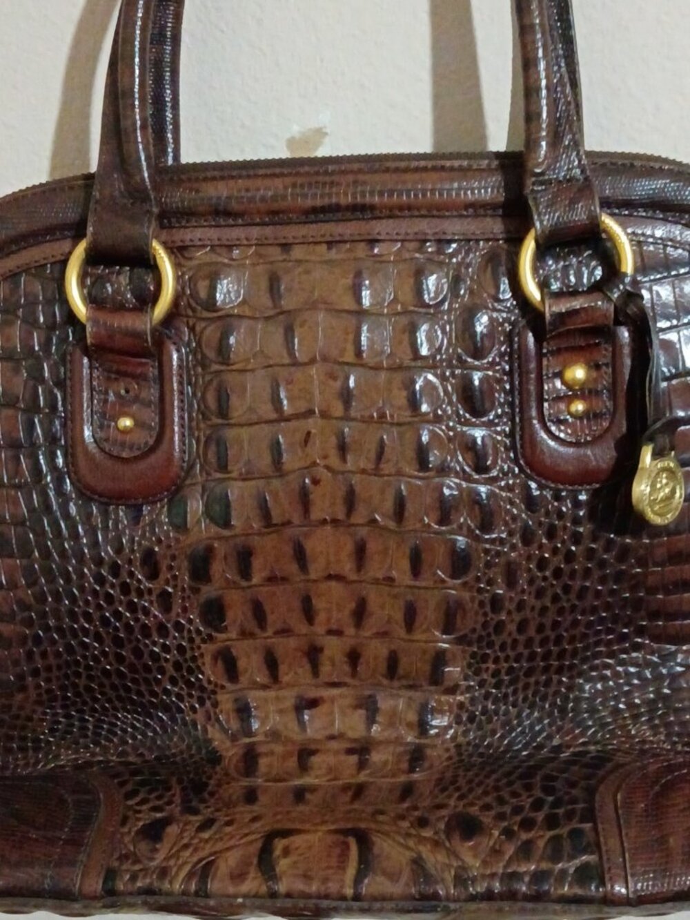 Brahmin Pecan Brown Crocodile Croc Embossed Leather Purse Handbag Dome Top - Picture 3 of 13